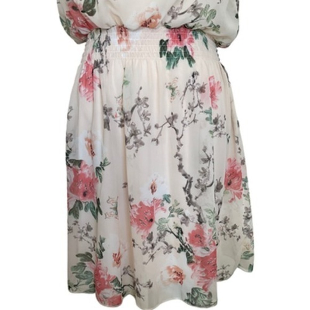 Sweet Storm Floral Halter Dress Cream Pink Smocked Waist Large Wedding Guest - Picture 6 of 12